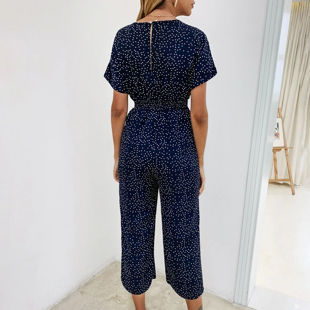 Women Polka Dot Jumpsuit High Waist Rompers Boho Yellow Short Sleeve V Neck Wide Leg Pants Pocket Summer 2020 Jumpsuits Ladies