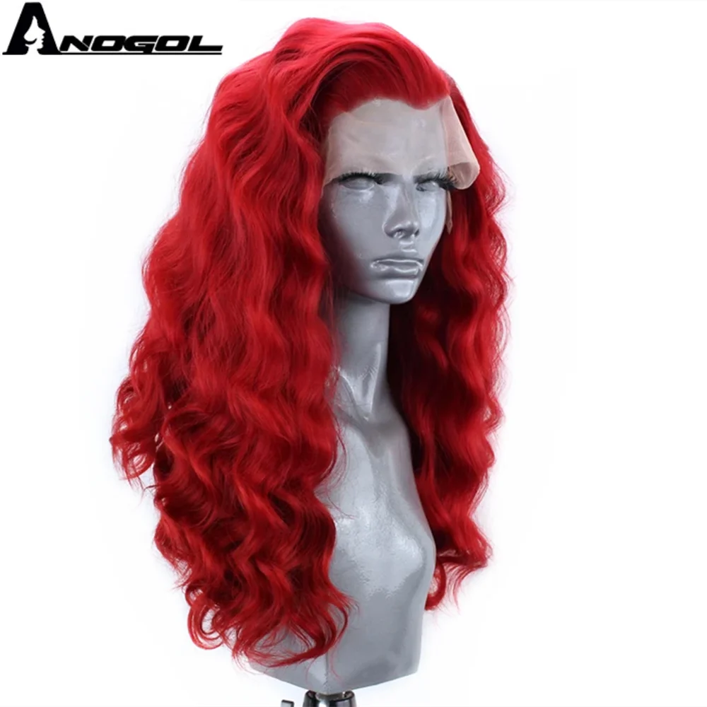 Anogol Красный синтетический кружевной передний парик с бесплатной частью