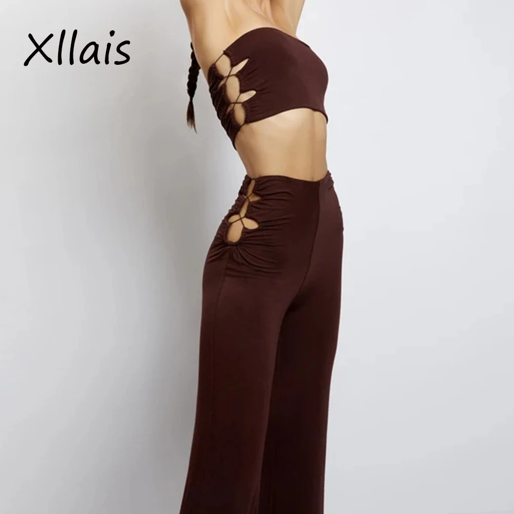 

Комплект из двух предметов XLLAIS, Топ без бретелек с высокой талией и брюки-клеш, женский сексуальный облегающий комплект на шнуровке, повседн...