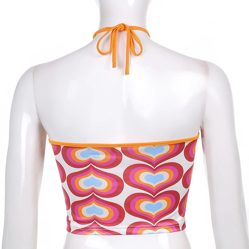 

Weekeep Colorful Heart Print Backless Crop Top Women Lace Up Halter Camisole Summer Y2K Cute Corset Tops Casual 2021 Streetwear