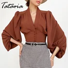 Женская рубашка в стиле ретро, блузки, весна 2022, глубокий v-образный вырез, складки, тонкие короткие рубашки, шикарные красные женские модные блузки, элегантные топы на пуговицах