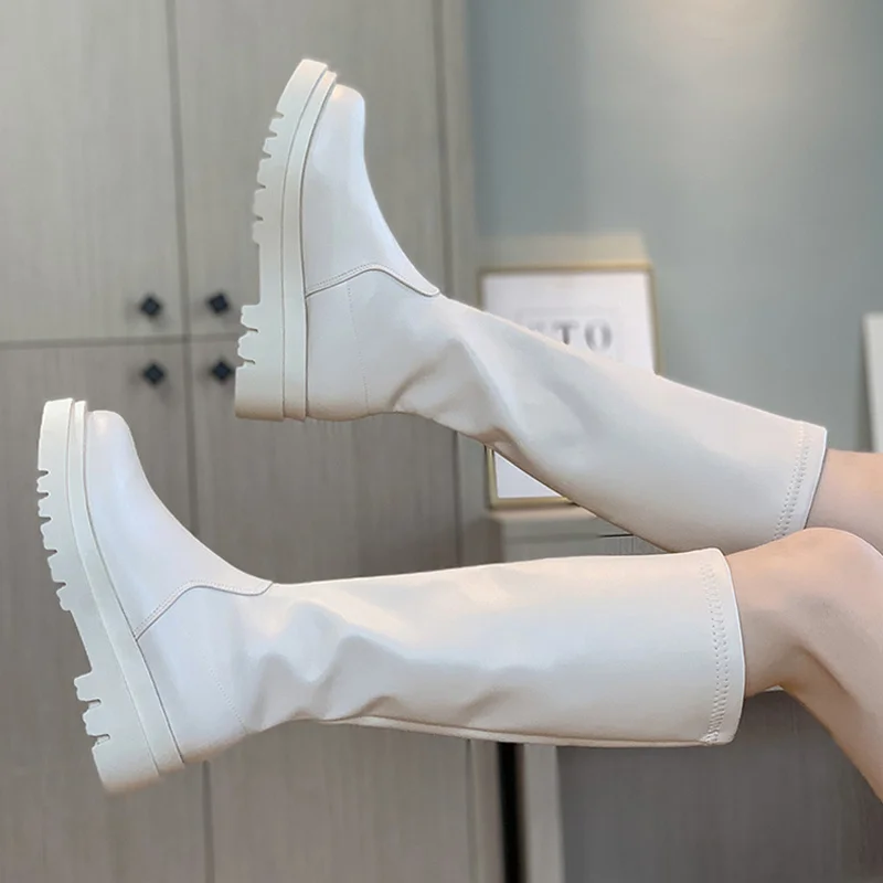 

2021 platform Knee High Boots Slip-on Block Heel Footwear Women Thick High Heels PU Leather Shoes Fashion Spring Female Boots