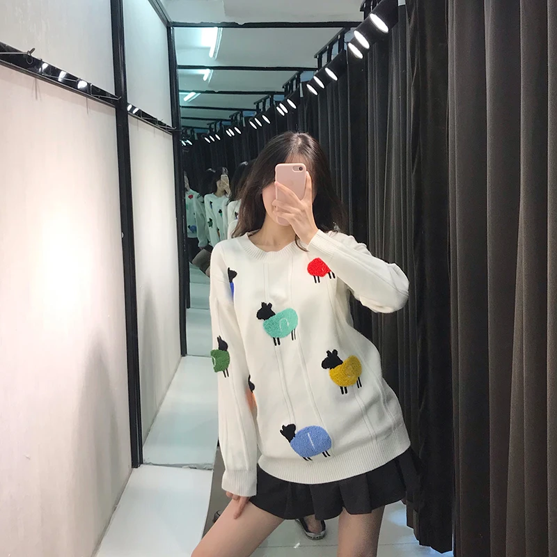 INS Popular Thick Women Sweater with Contrast Color Sheep Pattern Towel Embroidery Lilac Long Sleeves Knitted Pullover | Женская одежда