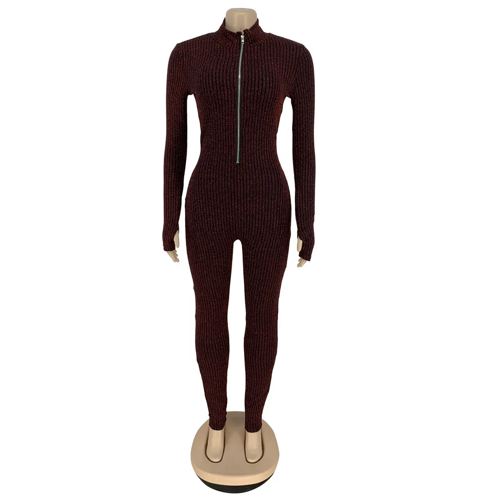

Solid Black/silver Full Sleeve One Piece Overalls for Women Elastic Hight Zipper Up Skinny Jumpsuit Sportwear Slim Romper Outfit
