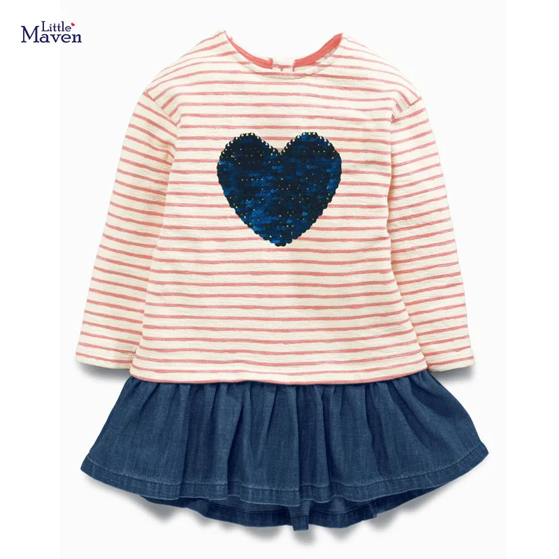 

Little maven Autumn Baby Girls Long Sleeves Dress with Sequin Love Children Cotton New Fashion Clothes for Kids