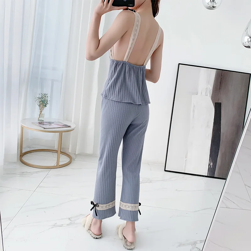 

Sexy Black Pajamas Set Women Cotton 3PCS Sleepwear Lace Trim Sleep Set Female Kimono Gown Casual Pyjamas Suit Home Clothes