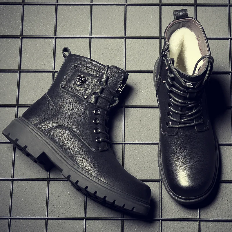 

2021 New Cotton Boots Leather Martin Boots High-top Men's Shoes British Winter Plus Cashmere Trend Tooling Boots Military Boots