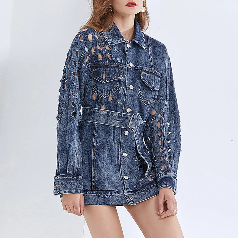 

2021 Spring New Personalized Fashion Denim Hollow Hole Denim Coat Jeans Cropped Oversized Jean Jacket Women Gothic Clothes