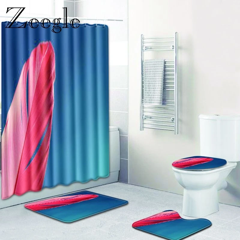 

Zeegle Bathroom Math Set with Shower Curtain Foot Rug Pedestal Rug Bathroom Doormat Polyester Anti-slip Flannel Toilet Floor Mat