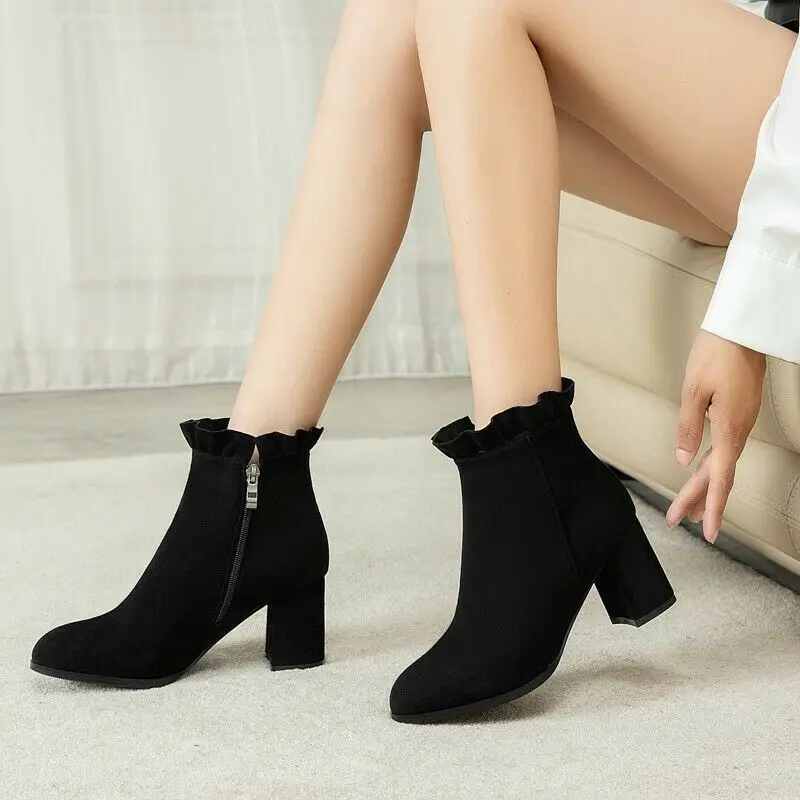 

New Women Office Work Casual Zip Up Round Toe Ankle Boots Pumps Mid Heel Shoes