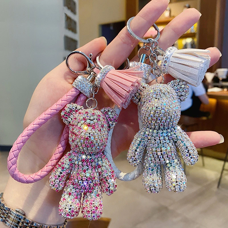 

Cartoon French Punk Bulldog Rhinestone Keychain For Key Shiny Bear Key Ring With Tassel Pendant Ladies Bag Car Key Chain Gifts