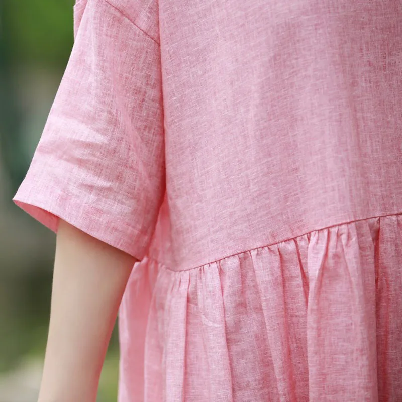 Женское хлопковое льняное платье Johnature однотонное свободное удобное с круглым