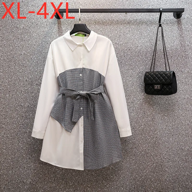 

2021 New Autumn Plus Size Tops For Women Fake Two Piece Plaid Print Patchwork Lace Up Casual T-Shirts XL-4XL Fit Weight 55-95KG