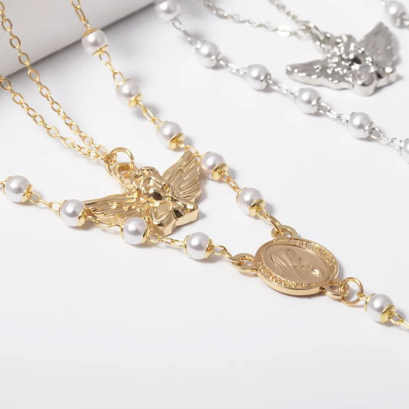 

New Retro cherub geometry necklace Ladies Imitation pearl Y-shaped cross tassel necklace women Double necklaces fashion jewelry