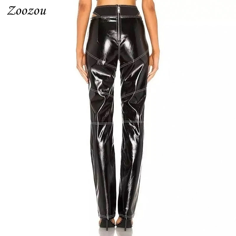 Ins Waist Hollow Out PU Leather Straight Pants Women Autumn Winter Warm Soft Loose Trouser Ladies Casual Slim Faux Leather Pants