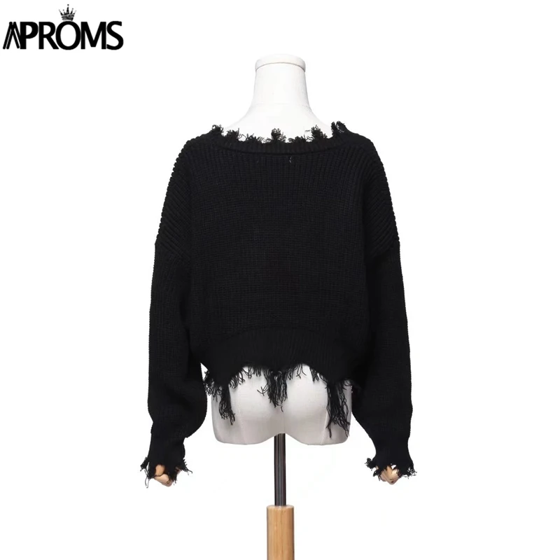 Aproms Tassel Deep V Knitted Pullover Female Autumn Winter White Long Sleeve Knit Crochet Sweaters Women Cropped Jumper Pull Top | Женская