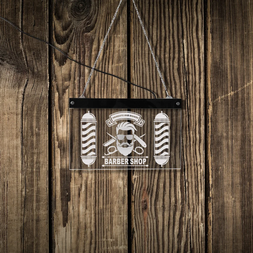 

Custom Barber Shop LED Neon Sign Barber Pole Styling Logo Haircuts And Shaves Acrylic Hanging Decorative Board Hairdresser Gift