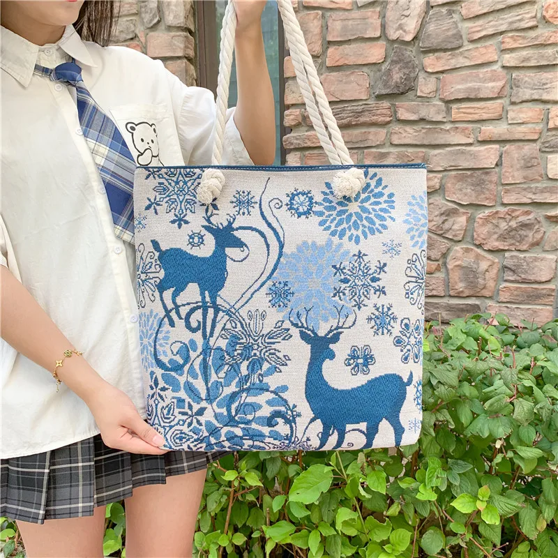 

Christmas Pattern New Shoulder Bag Double-sided Jacquard Fashion Handbag Canvas Bag Purses and Handbags Luxury