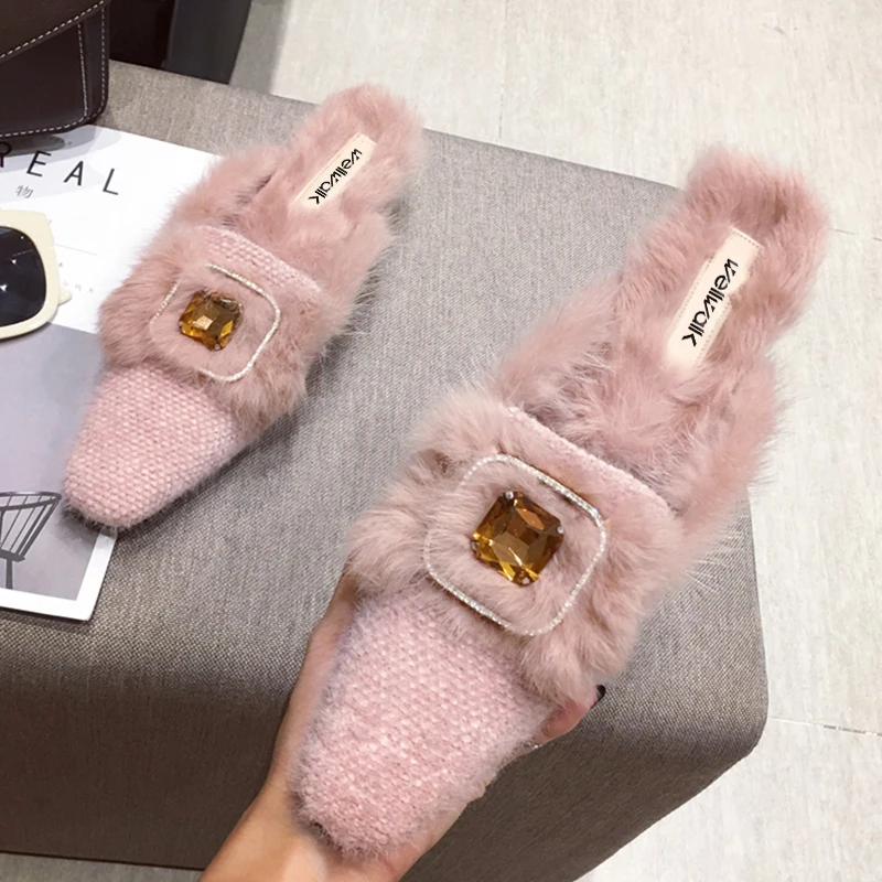 Pink Fur Shoes Women Heels Slippers Unicorn Rhinestone Decoration Female Winter Mules Block Heel Slides Plush Chic Gothic Style | Обувь