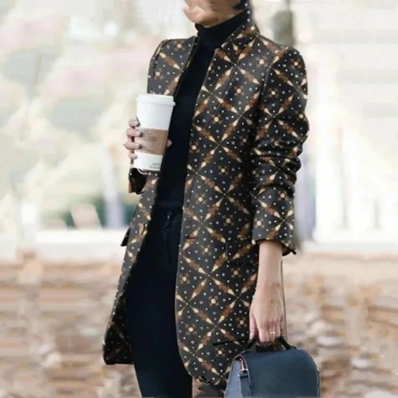 

European and American Luxury Autumn and Winter New Lapel Women's Long-sleeved Printed Coat Coat Striped Plaid Slim Coat