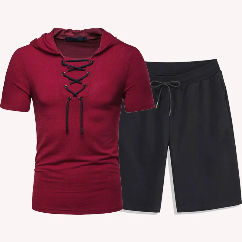 

Men Summer Tracksuit Solid Color Short Sleeve Hoodie Lace Up V Neck Outdoor Casual Pullover Tops +Beach Shorts