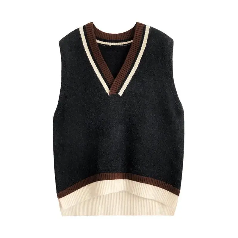

Spring New School College Wind Color Matching V-Neck Sweater Women's Head Vest Loose Knit Vest