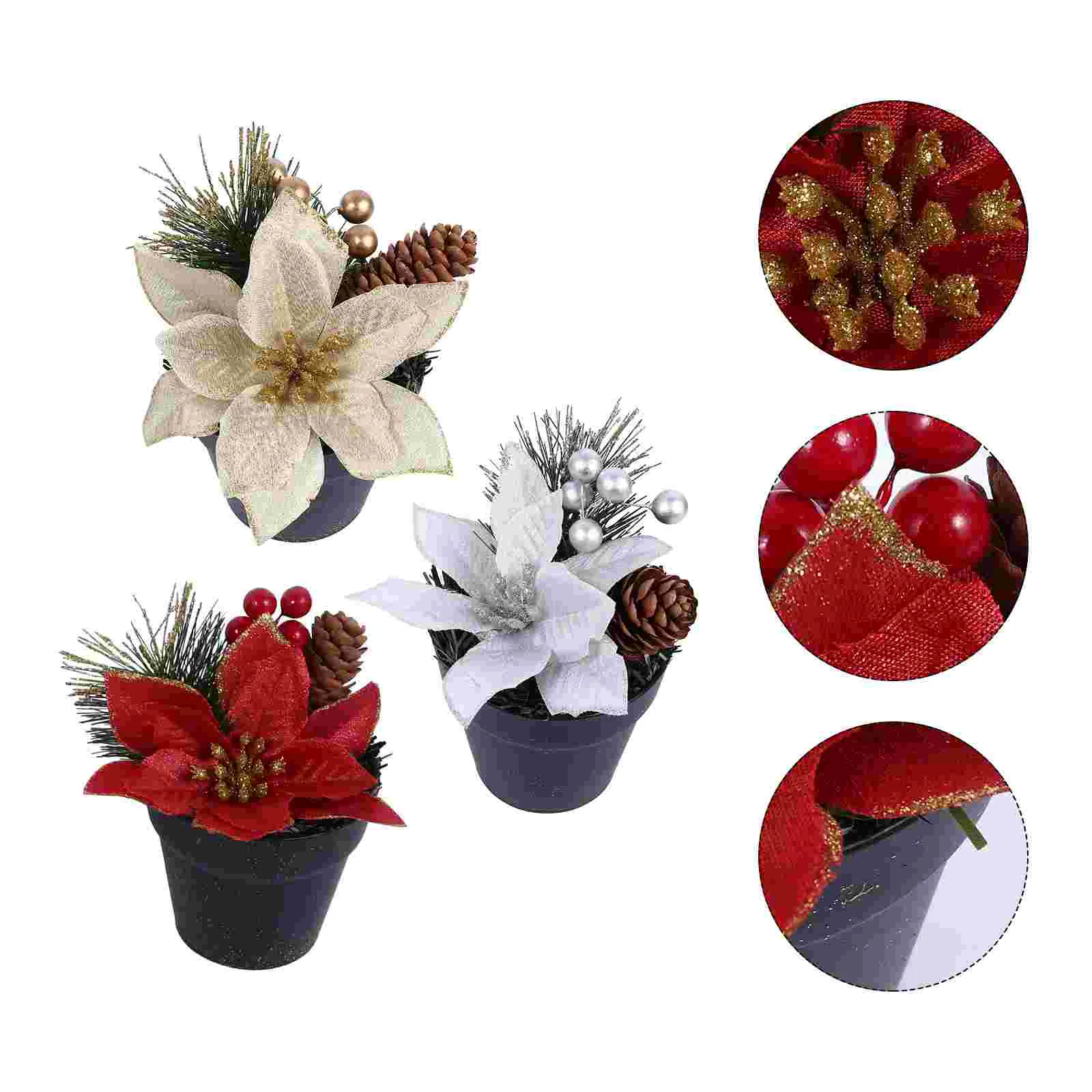 

3pcs Simulation Poinsettia Pot Decoration Artificial Xmas Flower Plant