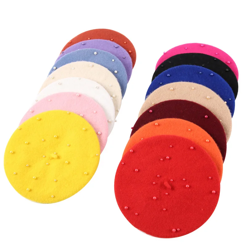 Модная шерстяная детская шапка с жемчугом конфетных цветов Ретро Кепка для