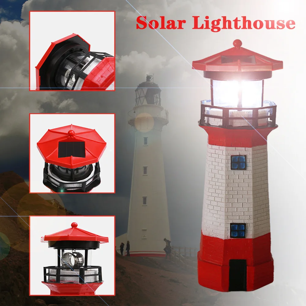 

Solar Lighthouse LED Light Garden Leuchtturm Beacon Lamp Home Decor Polysilicon Solar Panel Eco-friendly Resin 360 Rotating