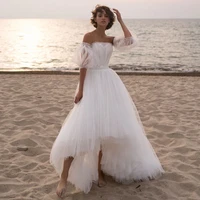tiered strapless beach wedding dress half puff sleeves pleat design appliques backless bridal gown %e2%80%8btulle robe de mariage
