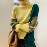 high collar contrast color irregular hem sweater women loose autumn winter new lazy knit sweater bottoming shirt women sweater
