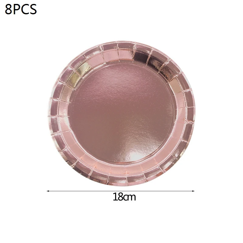 B02-8pcs plates Набор посуды из розового золота, бумажные тарелки и стаканы, полосатые соломинки, салфетки в горошек для свадьбы, дня рождения, украшения - Цвет: B02-8pcs plates