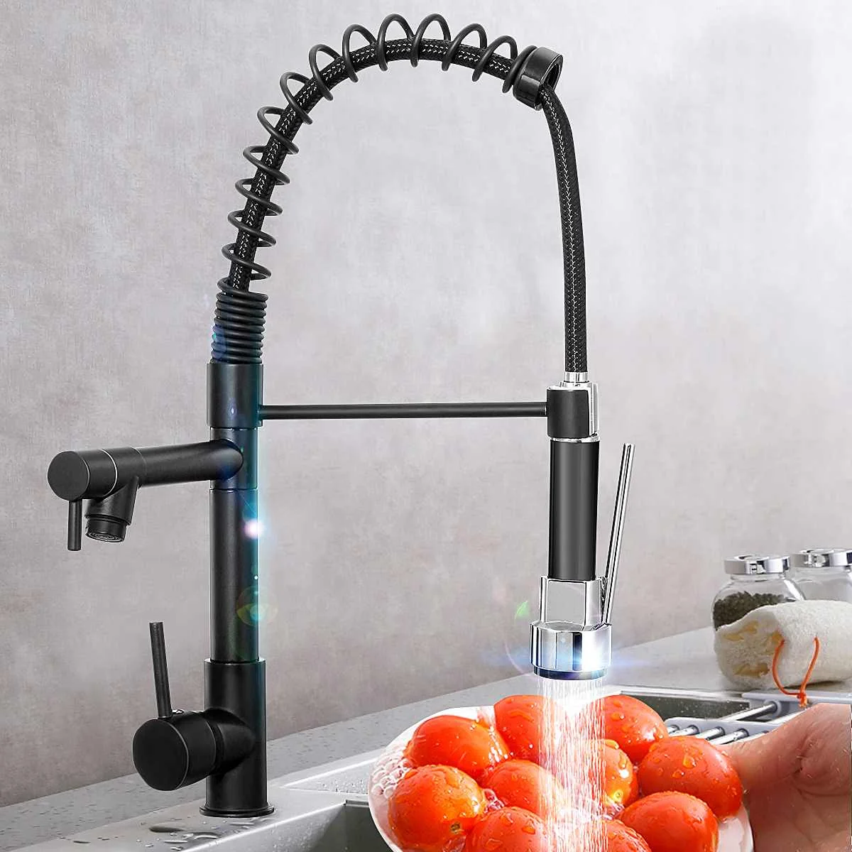 

Black Spring Pull Out Kitchen Faucet Dual Spout Side Sprayer Single Handle Mixer Tap Sink Faucet 360 Rotation Kitchen Faucets