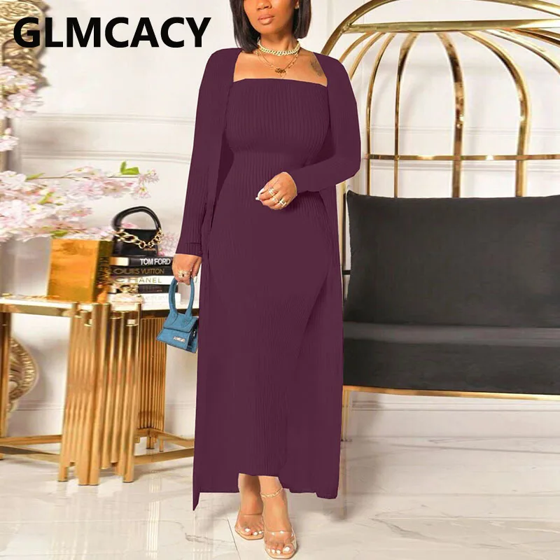 

Women Two Piece Casual Solid Fall Suits Slim Tube Dress & Long Cardigans Set