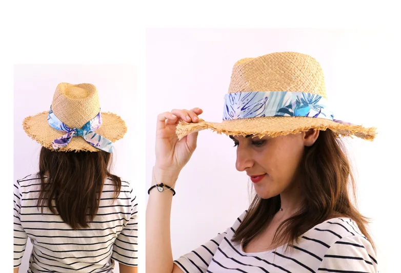 

202007-gaoda-panama cap Tropical rain forest flower Ribbon handmade raffia grass men women beach sun hat holiday leisure hat