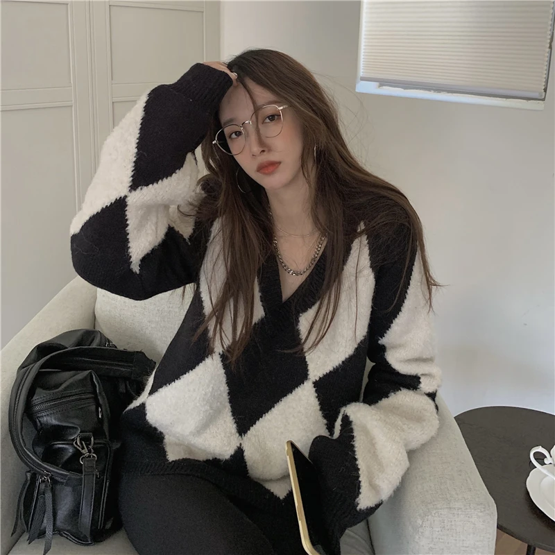 Женский трикотажный пуловер WSYORE черный и белый Свободный Повседневный длинный