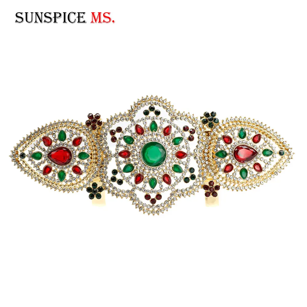 Sunspicems Gold Color Morocco Caftan Belt Buckle Full Rhinestone Flower Metal Design Ethnic Wedding Jewelry Gift