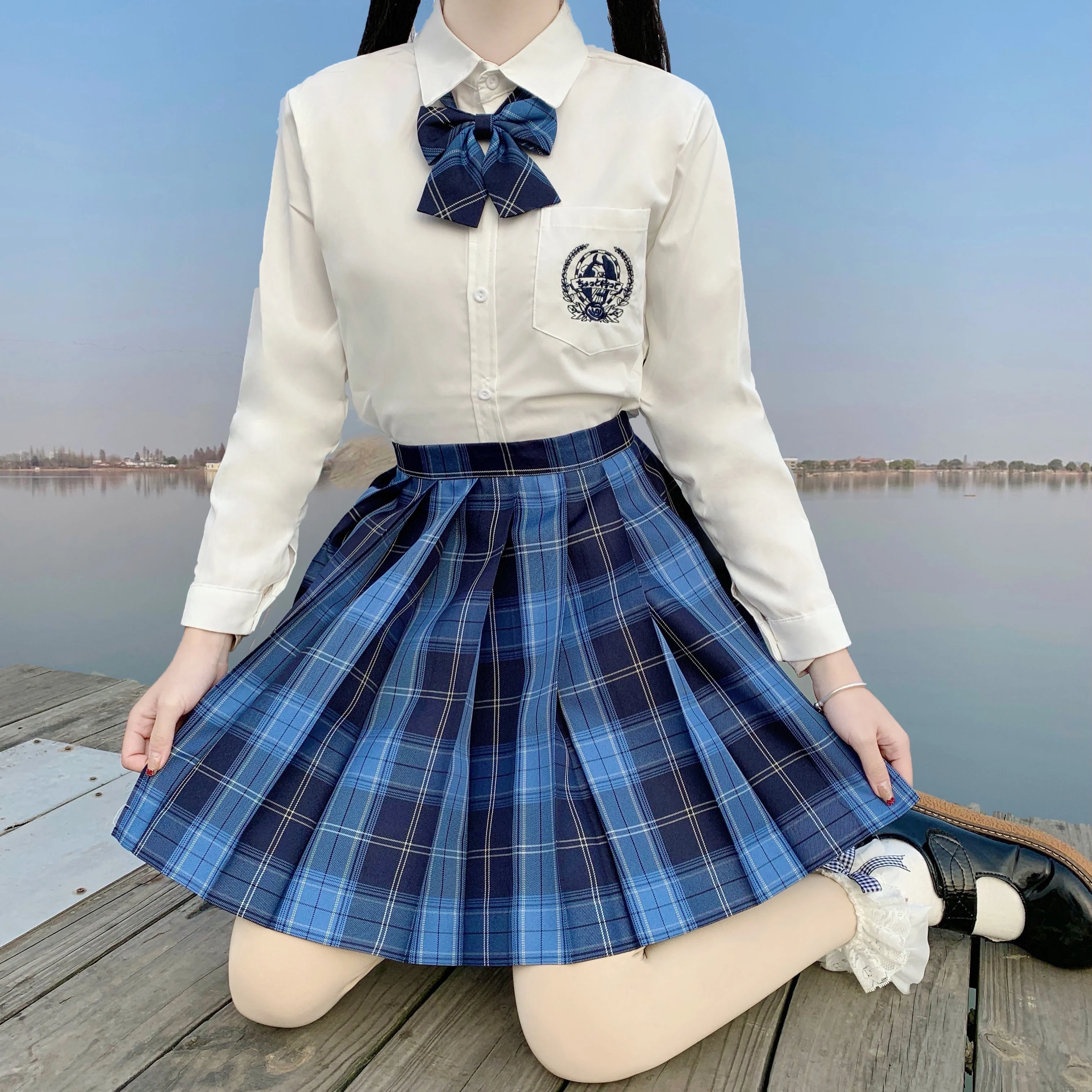 

Kawaii JK Skirt Suits 2021 New Spring Summer Women Sets Sweet Bow Tie White Shirt And Plaids Pleated Mini Skirt Two Piece Set