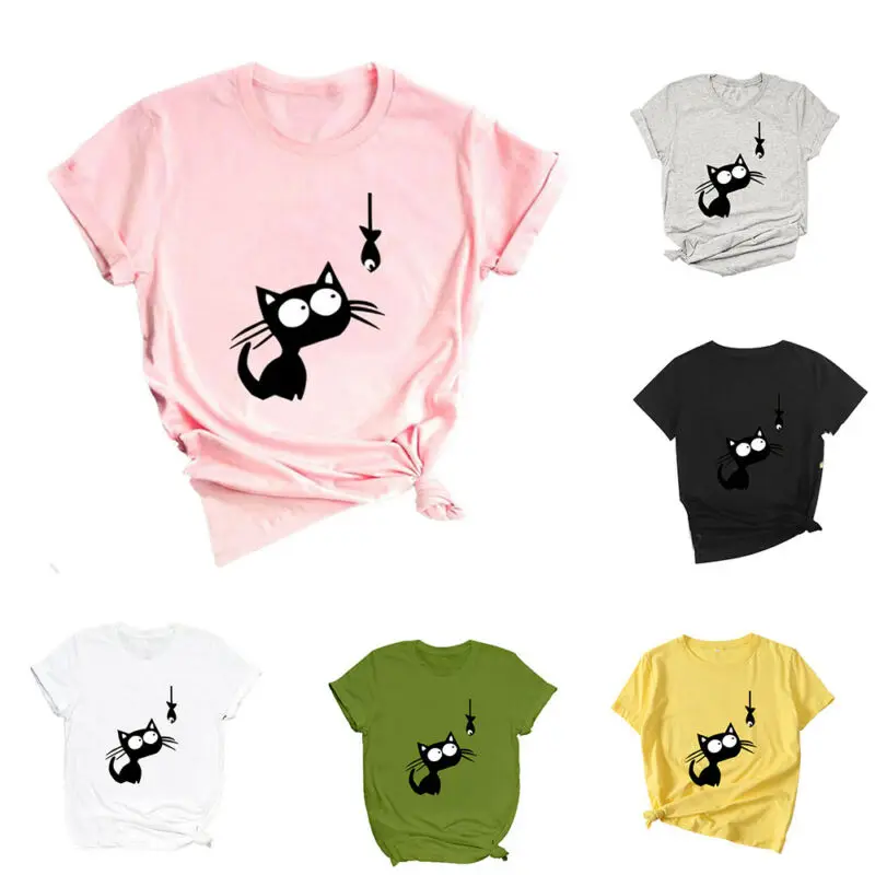 

Women Short Sleeve Cat Fish Printed T-shirt Ladies Summer Casual Loose Blouse