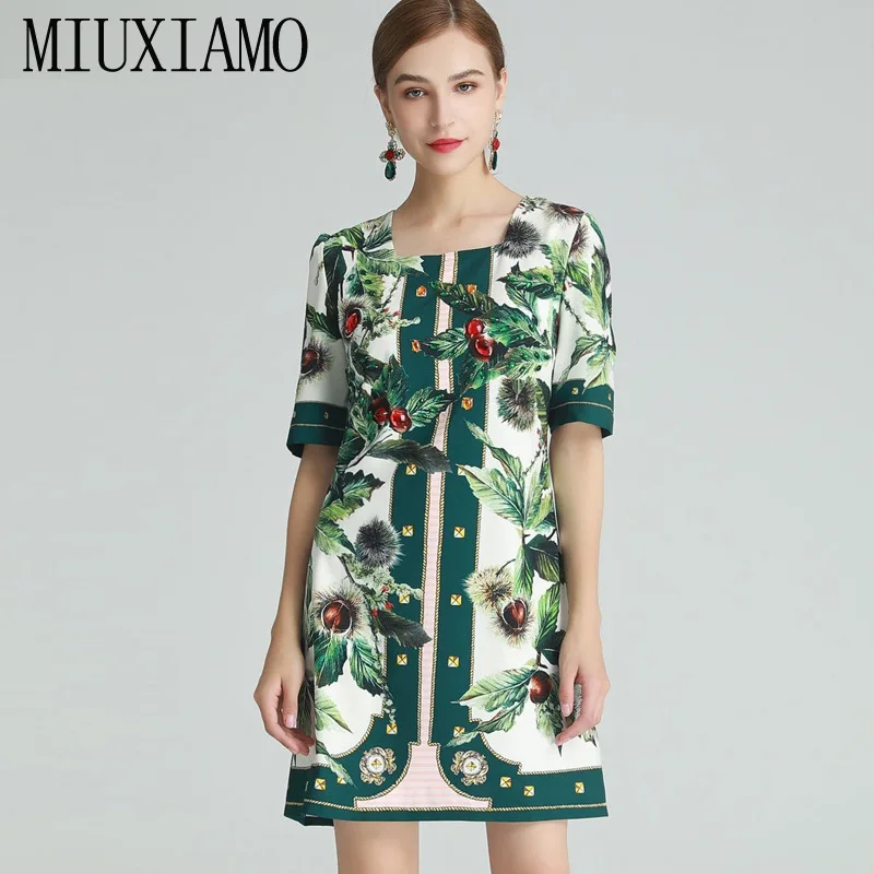 

MIUXIMAO 2021 Spring Summer Square Neck Chinese Chestnut Printed Diamonds Short Sleeve Elegant Casual Dress Women Vestidos