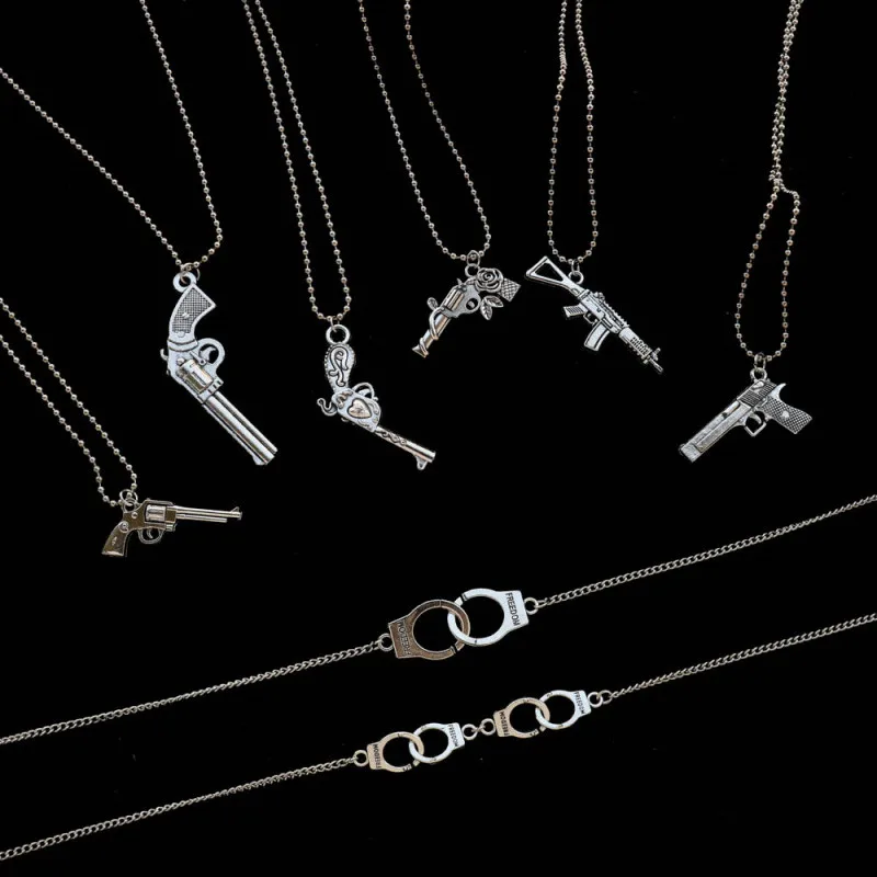 Цепочка женская, из нержавеющей стали, с подвеской в виде пистолета, единорога, наручников