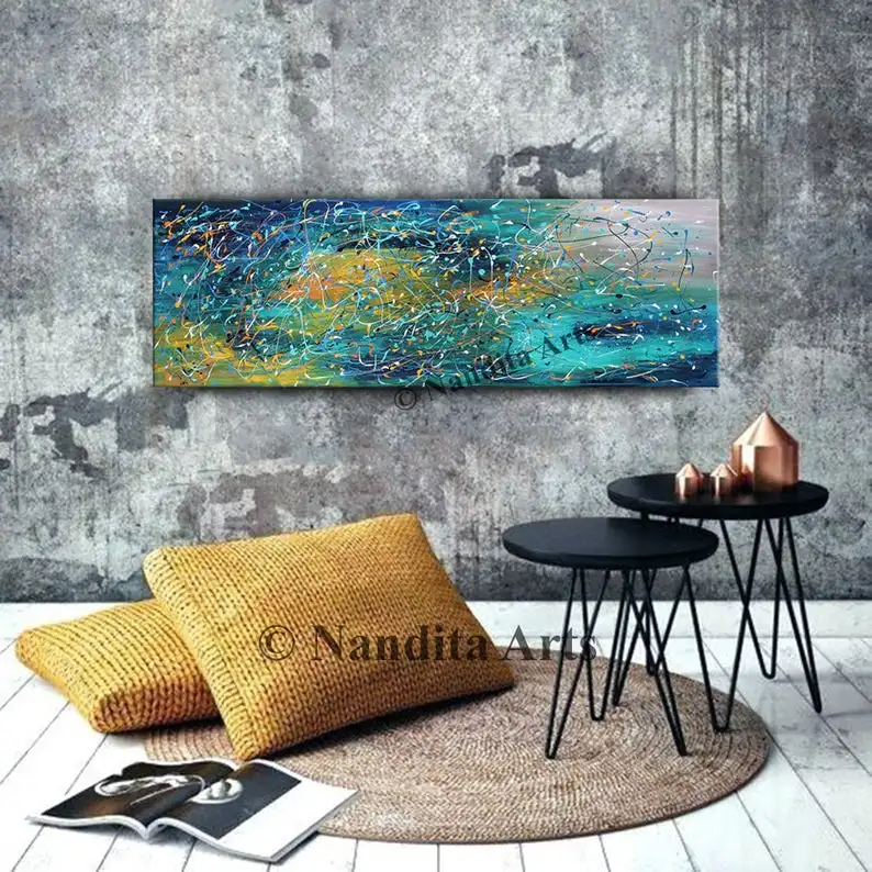 

Бирюзовая акриловая живопись, холст Nandita Albright Jackson Pollock, очень большая абстрактная живопись, Декор стен в виде бирюзы для спальни