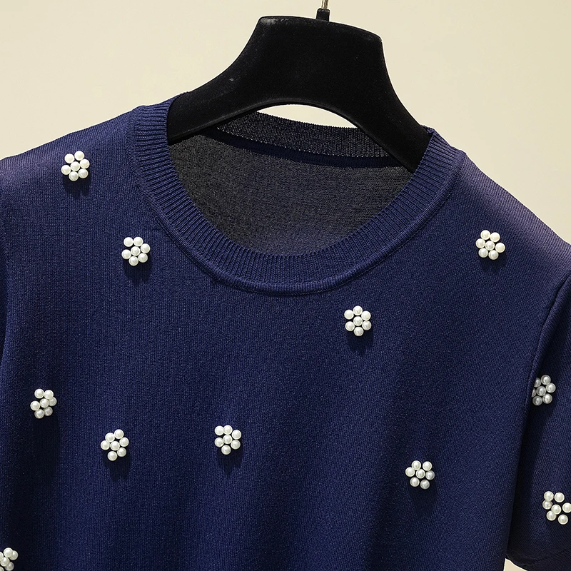 

LJSXLS White O-Neck Knitted T-Shirt Women 2021 Summer Fashion Beaded Casual Loose Short Sleeve Tops Tshirt Female Black Clothes