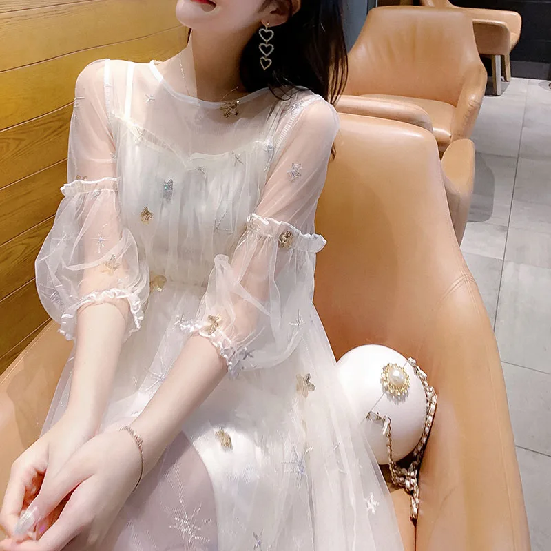 

High Quality Summer Elegant Dress Women New Lantern Sleeve Embroidery Sequin Mesh Two Piece of Set Dress Lady A-line Pleated New