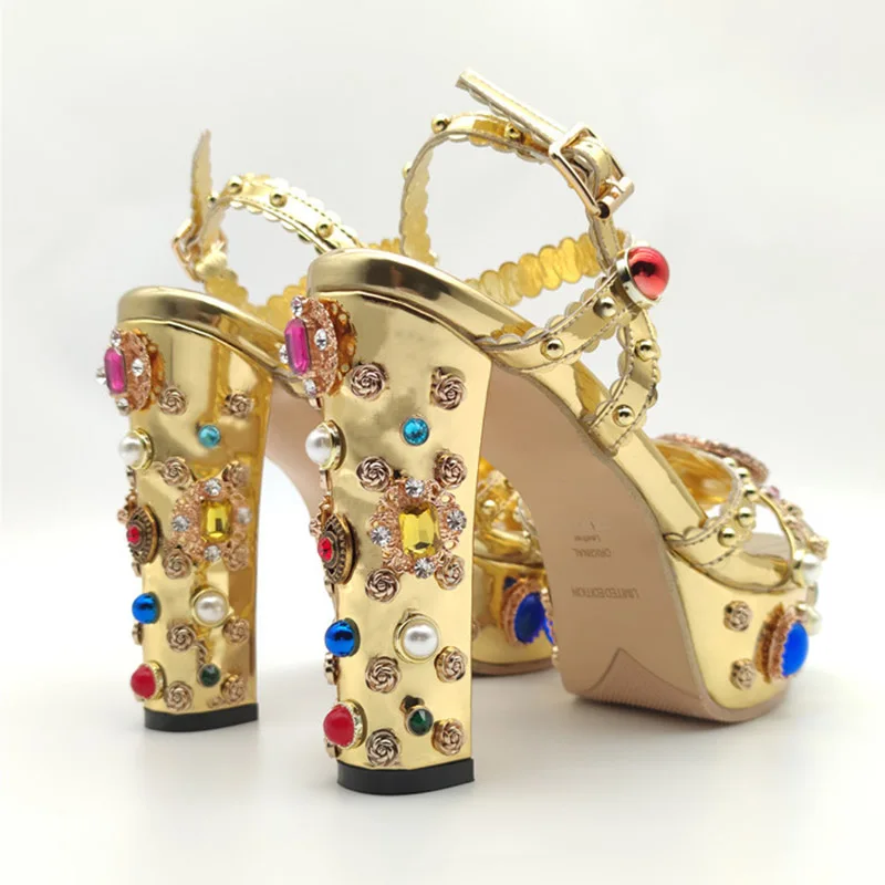 Роскошные женские туфли Phoentin стразы на каблуке 14 см золотые металлические
