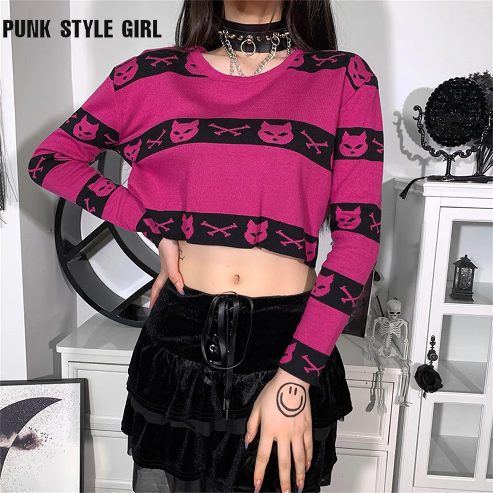 

Y2k Alt Knitted Sweater Women Gothic Fairy Grunge Crop Sweaters 90S Punk Goth Cat Graphic Long Sleeve Cyber Pink Knitwear Kawaii