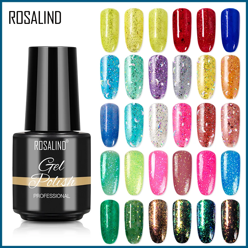 Гель лак для ногтей ROSALIND блестящие Алмазные блестки УФ 7 мл отмачиваемый сделай