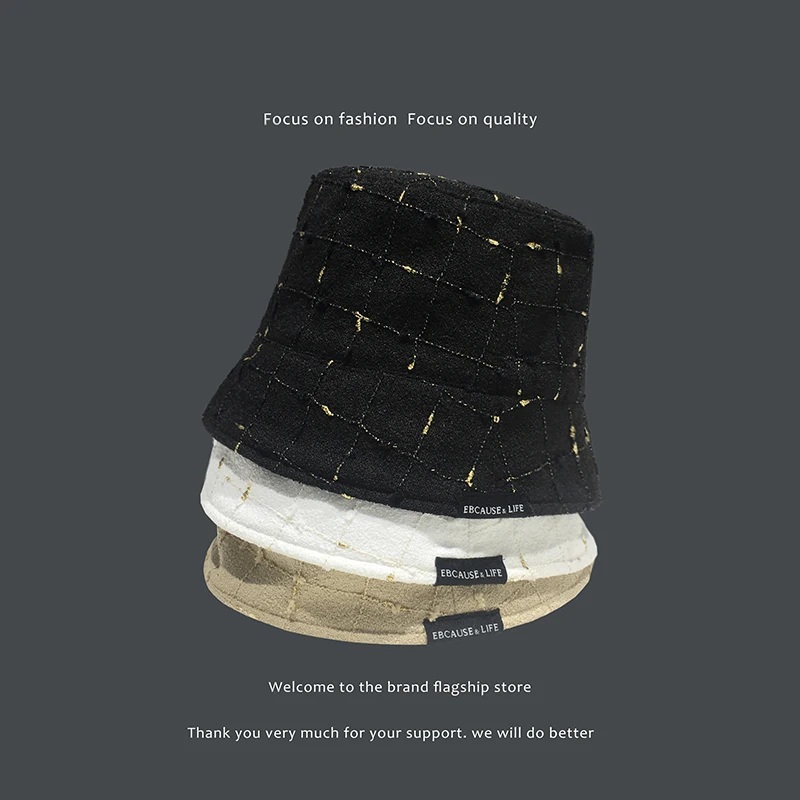 

Ladies fashion gold line lattice fisherman hat spring Japanese niche bell-shaped bucket hat showing face small basin hat