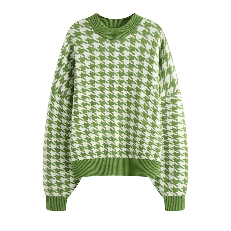

Women Pullover 2021 Fashion Oversized Jumper Houndstooth Knitted Sweaters Vintage Long Sleeve Loose Female Chic Tops