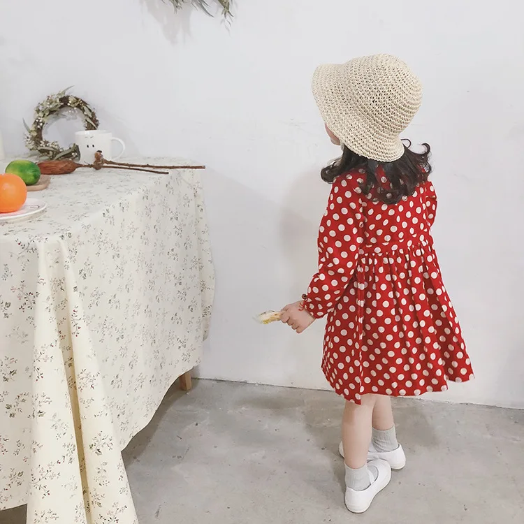 Весенние милые платья в горошек с длинным рукавом для девочек женское хлопковое